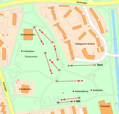 Karta över stadsparkens frisbeegolfbana