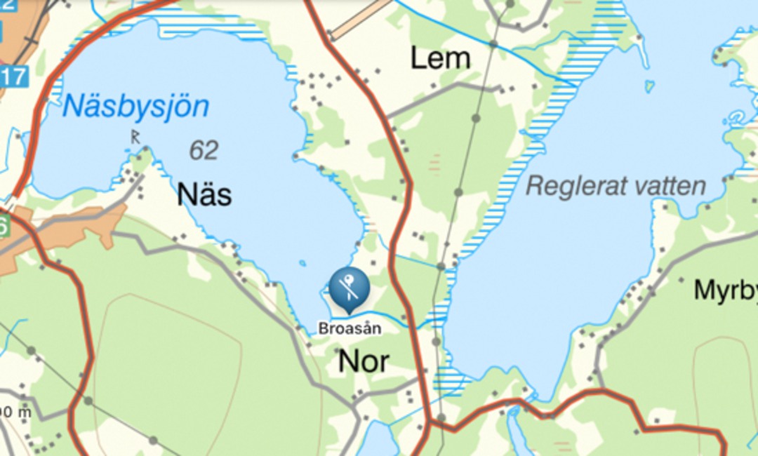 Kartbild Näsbysjön, Broasån
