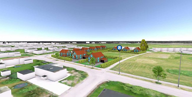 Vy på marknivå längs Lassasvägen, inklusive exempel på husmodell 