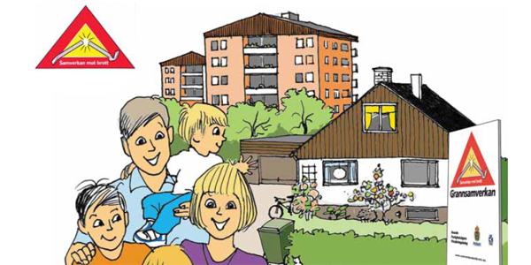 Teckand bild med familjt till vänster, villa till höger och lägenhetshus och träd i bakgrunden