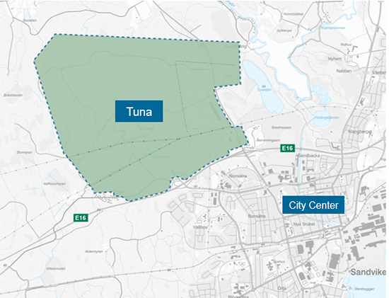 Visar en karta över markområdet Tuna i Sandviken 