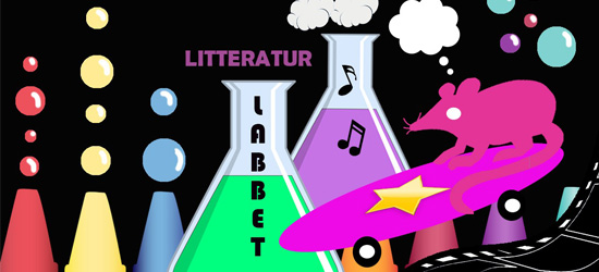 Litteraturlabbets logotyp med provrör, pennor och en råtta