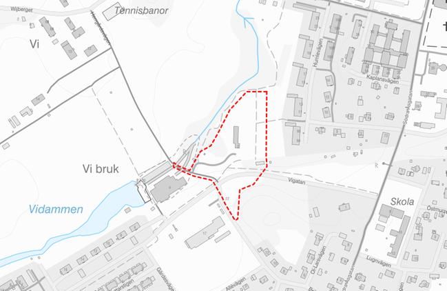 Översiktskarta med planområdets yttre gränser med röd markering