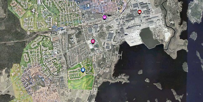 Vy över området i förhållande till Sandvikens tätort. Markeringar anger  Styvmorsviolen, Göransson Arena, Resecentrum och Sandviks industriområde