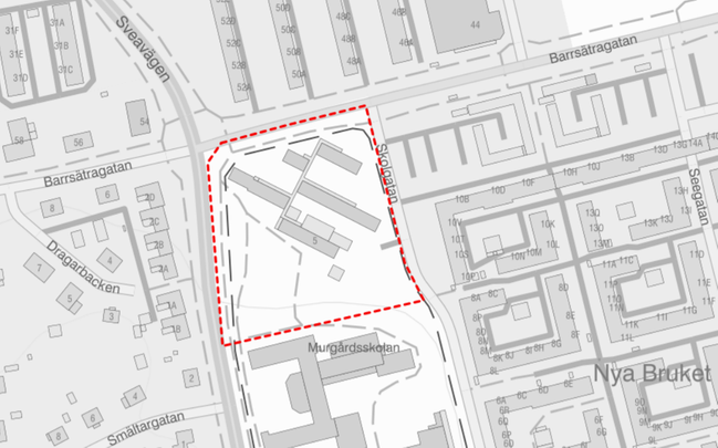 Planområdet avgränsas kring paviljongtomten på norra delen av Murgården 1