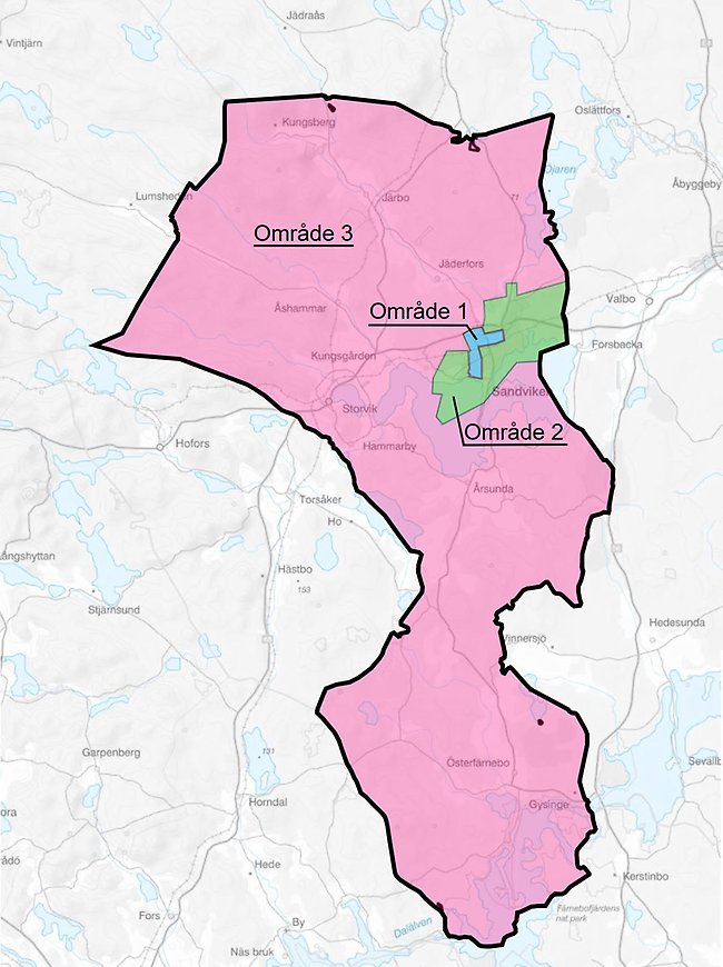 Bild på Spiras områdesindelning. En kartbild där Sandvikens kommungräns är ifylld med svart. Innanför kommungränserna är Spira-områdena färglagda i olika färger. Område 3 är rosa, område 2 är grön och område 1 är blått.