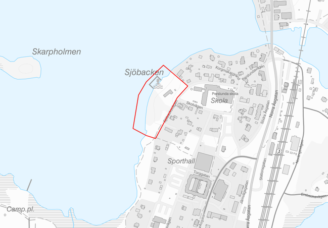 Planområdet markerat med rött i kartan över Ockelbo centrala delar