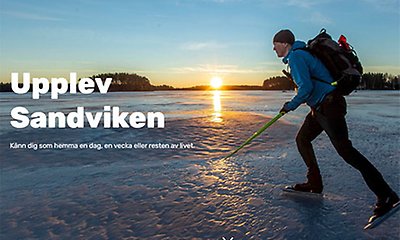 Skridskoåkare på Storsjön - text i bilden: Upplev Sandviken. Känn dig som hemma!